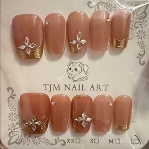 Gold and nude handmade press on Nails with Gold Accents